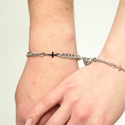 Magnetic Heart Couple Bracelets with Crosses (Stainless Steel), Gift for Lovers, Couples, Friend, Husband Wife, His and Hers Bracelets - LoveBrasleT - Couple Gift Store