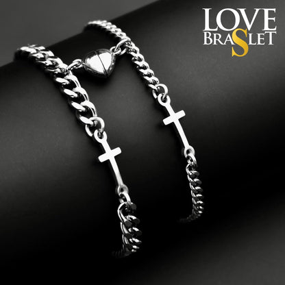 Magnetic Heart Couple Bracelets with Crosses (Stainless Steel), Gift for Lovers, Couples, Friend, Husband Wife, His and Hers Bracelets - LoveBrasleT - Couple Gift Store