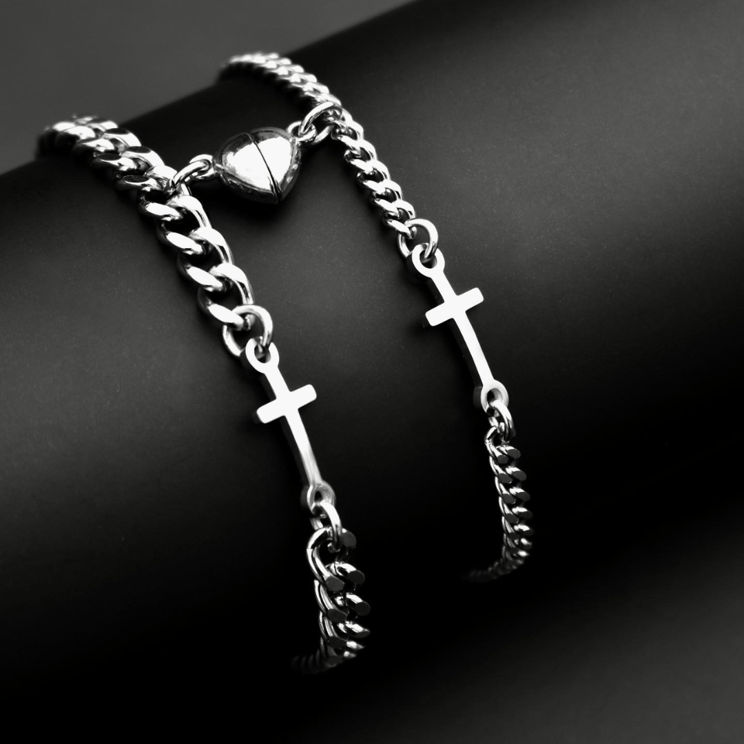 Magnetic Heart Couple Bracelets with Crosses (Stainless Steel), Gift for Lovers, Couples, Friend, Husband Wife, His and Hers Bracelets - LoveBrasleT – Matching Couples Gift Store