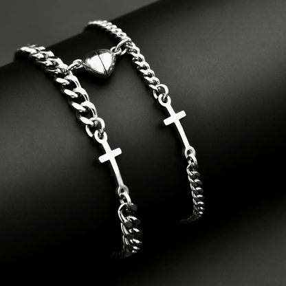 Magnetic Heart Couple Bracelets with Crosses (Stainless Steel), Gift for Lovers, Couples, Friend, Husband Wife, His and Hers Bracelets - LoveBrasleT – Matching Couples Gift Store