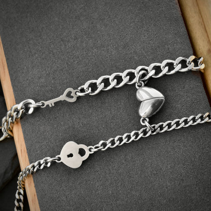 Magnetic Heart Couple Bracelets with Key and Lock (Stainless Steel), Gift for Lovers, Couples, Friend, Husband Wife, His and Hers Bracelets - LoveBrasleT - Couple Gift Store