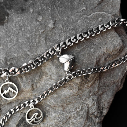 Mountain & Ocean Couple Bracelets charms, Magnetic Heart, Matching Bracelet Hill and Sea Wave, Gift for Couples, His Hers Jewelry, Set of 2 - LoveBrasleT - Couple Gift Store