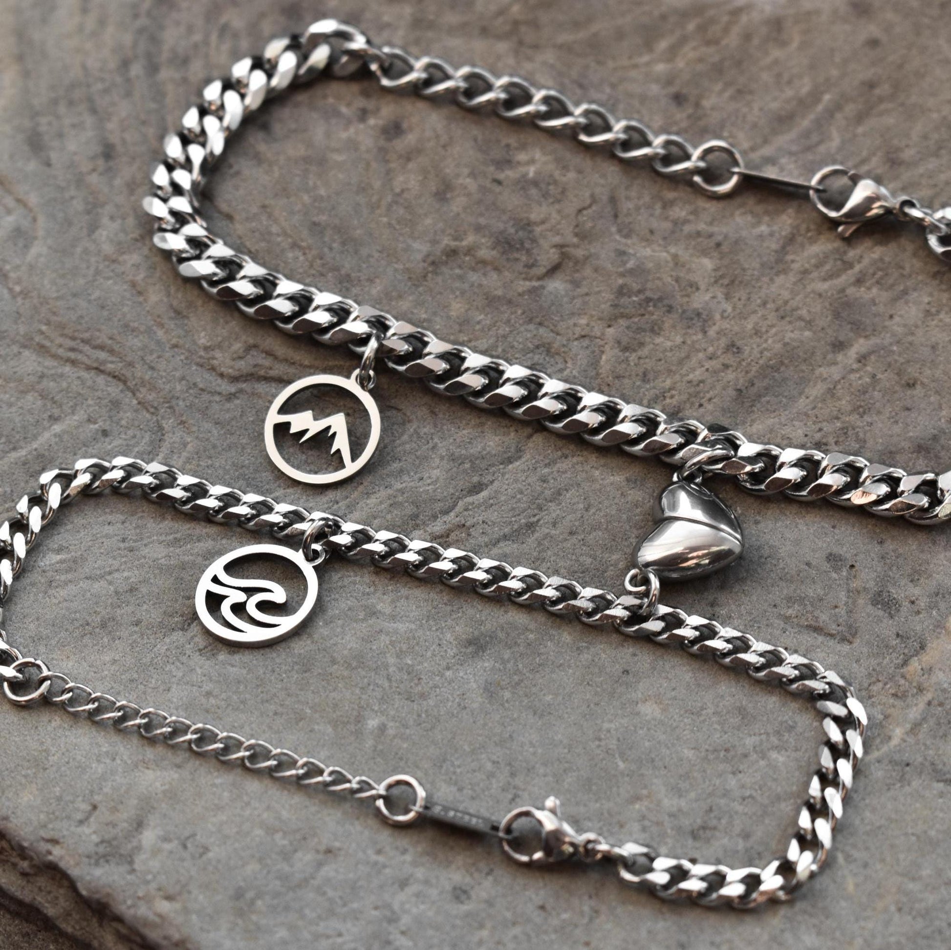 Mountain & Ocean Couple Bracelets charms, Magnetic Heart, Matching Bracelet Hill and Sea Wave, Gift for Couples, His Hers Jewelry, Set of 2 - LoveBrasleT - Couple Gift Store