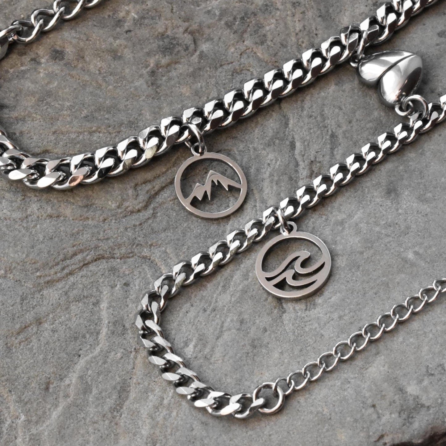 Mountain & Ocean Couple Bracelets charms, Magnetic Heart, Matching Bracelet Hill and Sea Wave, Gift for Couples, His Hers Jewelry, Set of 2 - LoveBrasleT - Couple Gift Store