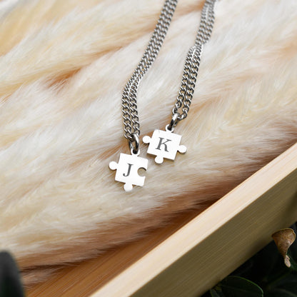 Personalized Engraved Initials Couple Necklace Puzzle, Matching Necklace for Him Her, Custom Necklace, Couple Gifts, His and Hers Jewelry - LoveBrasleT - Couple Gift Store