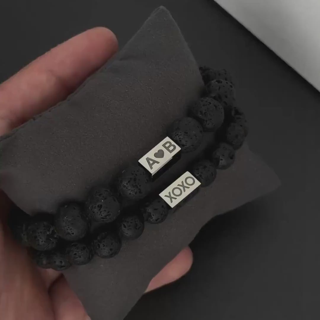 Personalized Beaded Matching Bracelet for Couples Black stone Lava, Engraved Gemstone Jewelry, Set Gift for Him Her Men Boyfriend Girlfriend