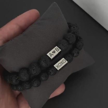 Personalized Beaded Matching Bracelet for Couples Black stone Lava, Engraved Gemstone Jewelry, Set Gift for Him Her Men Boyfriend Girlfriend