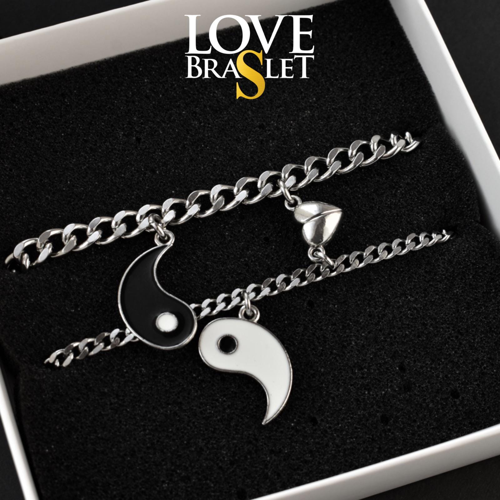 Set of 2 Couple Bracelets with Yin - Yang pendants and Heart Magnets | Gift for Couples, Gift for Her, Gift for Him, His and Hers Bracelets - LoveBrasleT - Couple Gift Store