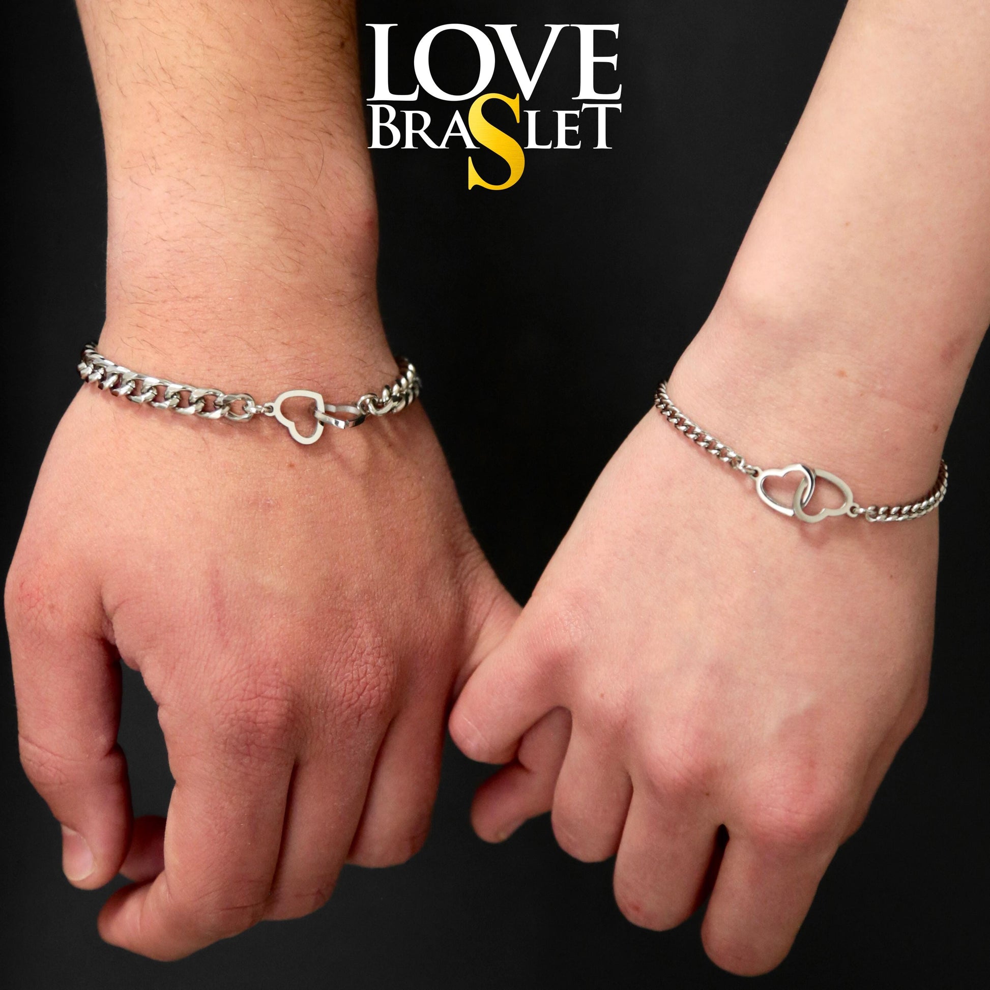 Set of Couples Bracelets with Double Hearts connectors, His and