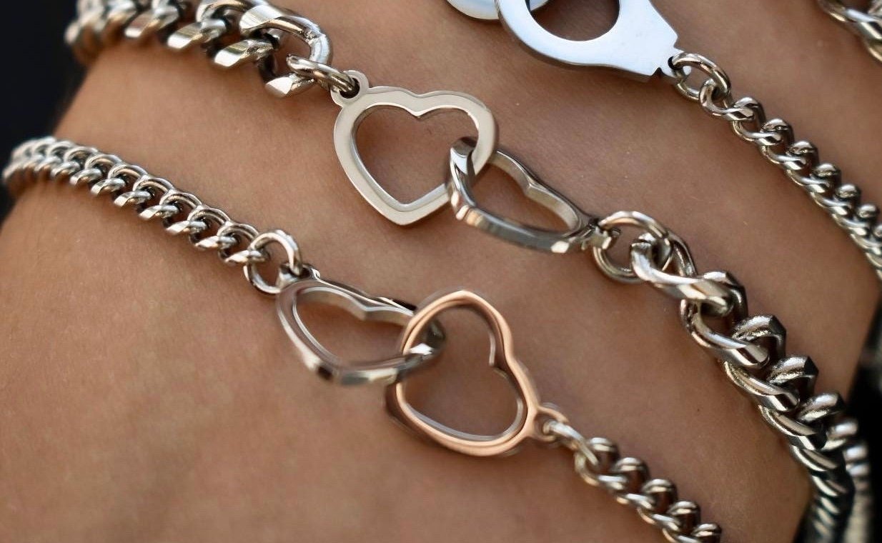 Set of 2 Couples Bracelets with Double Hearts connectors, His and Hers Bracelets, Gift for Her, Gift for Him, Handmade Matching Bracelets - LoveBrasleT - Couple Gift Store
